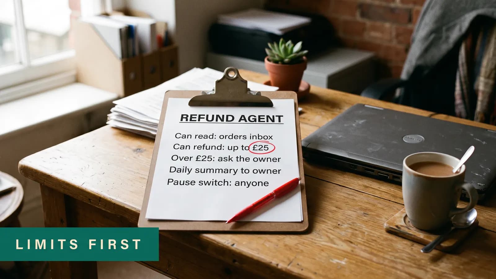 A printed one-page agent rulebook clipped to a clipboard, with a spending limit and a short list of actions that need a human