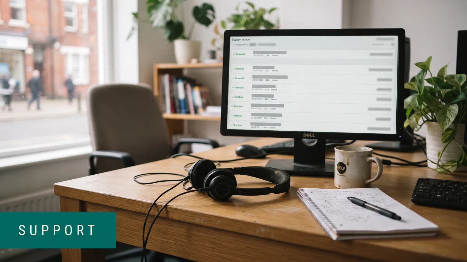 A support desk with a headset resting beside a monitor showing a queue of resolved tickets