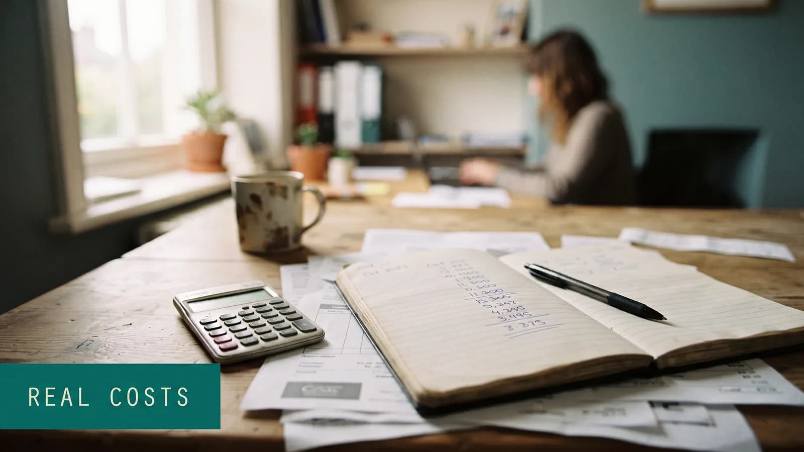 A calculator, fanned paper invoices and a notebook of hand-written figures with the total underlined