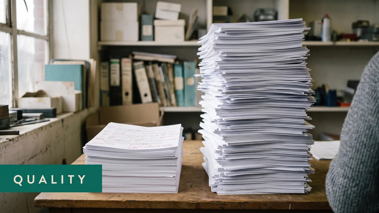 Two stacks of printed pages — a short one marked up in red pen beside a huge untouched one