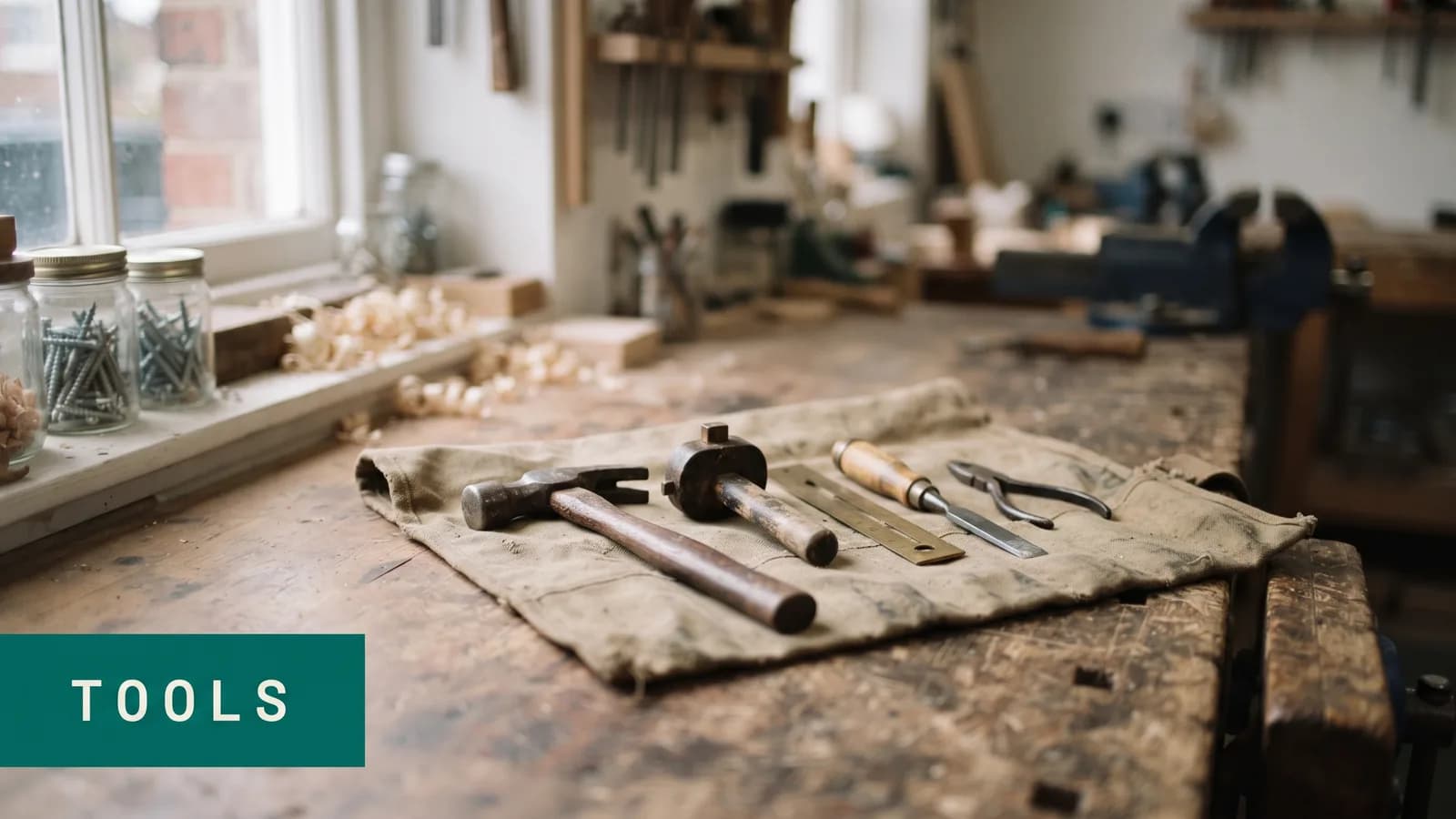 A handful of well-used hand tools laid out neatly in a row on a canvas roll