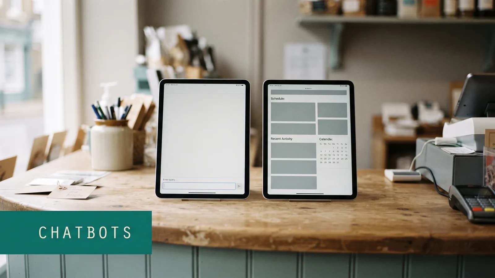 Two identical tablets side by side on a shop counter, one showing a plain text box and one a richer panel
