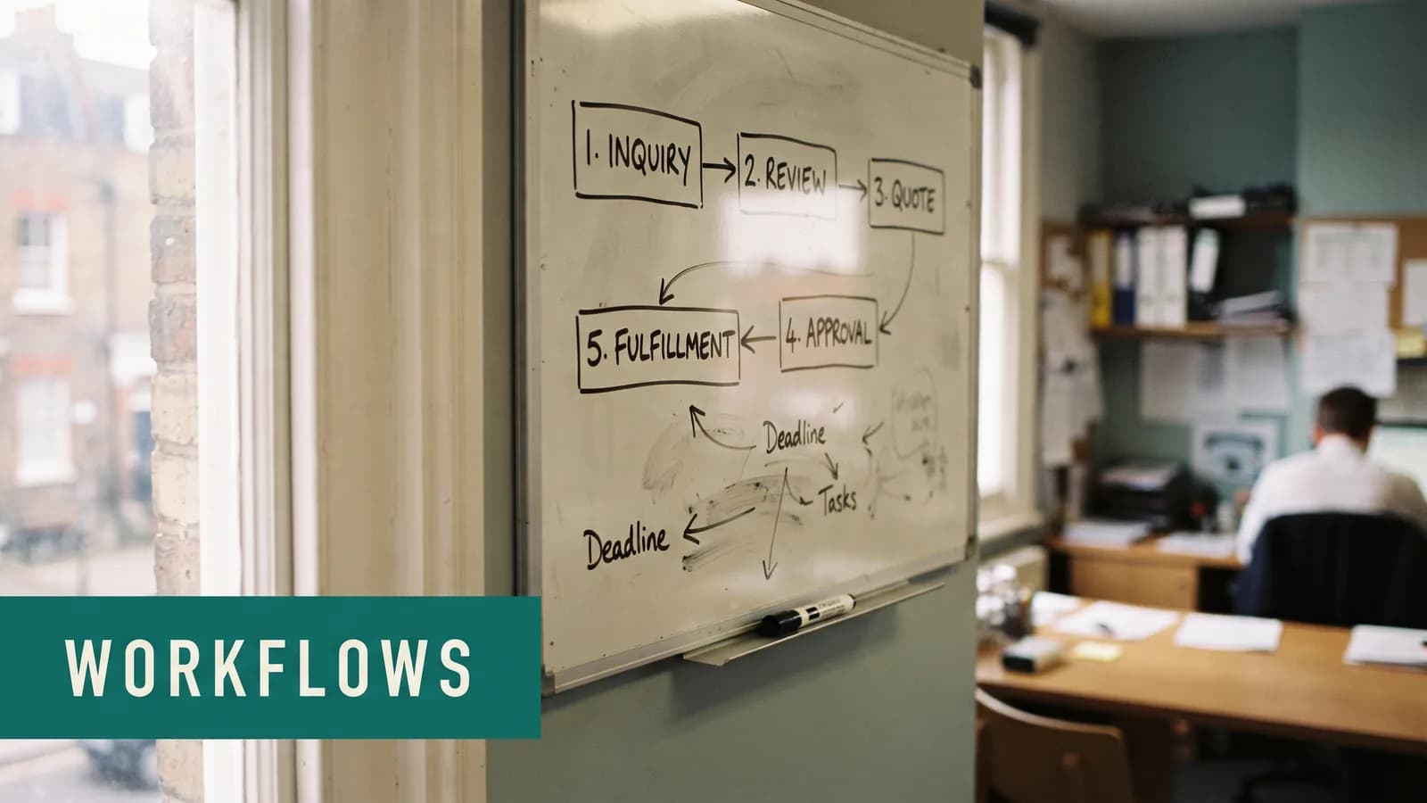 A whiteboard with a hand-drawn flow diagram of five boxes joined by arrows