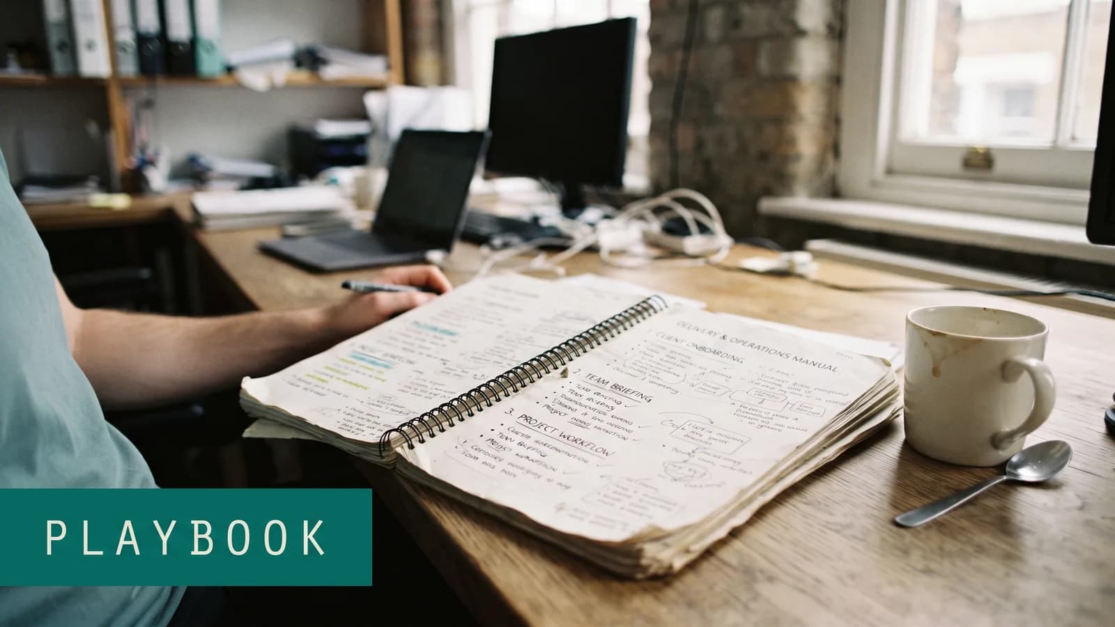 A spiral-bound playbook open flat on a desk, annotated in pen beside a half-drunk coffee