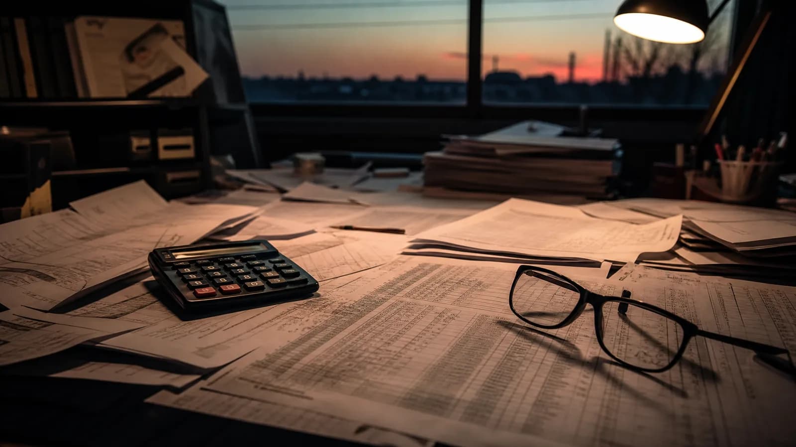 A desk covered in printed spreadsheets, a calculator and reading glasses under a desk lamp