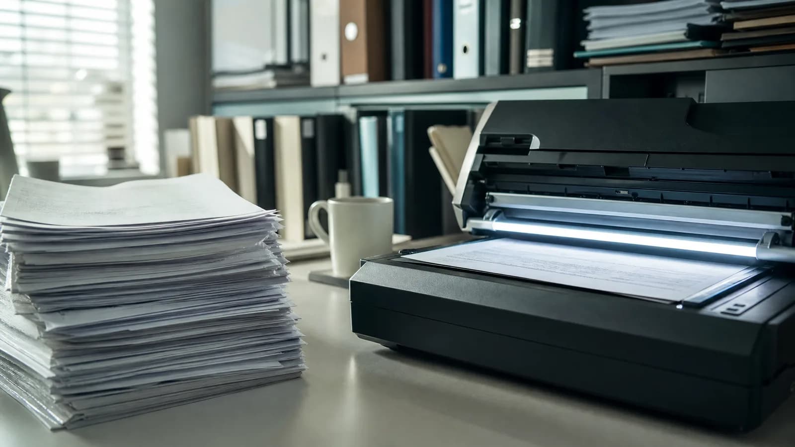 A stack of paper invoices being fed through a scanner in a plain back office