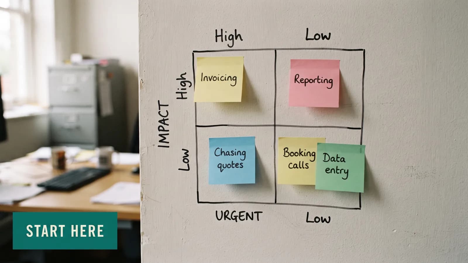 Sticky notes in a priority grid on a wall with one note moved to the top-left square