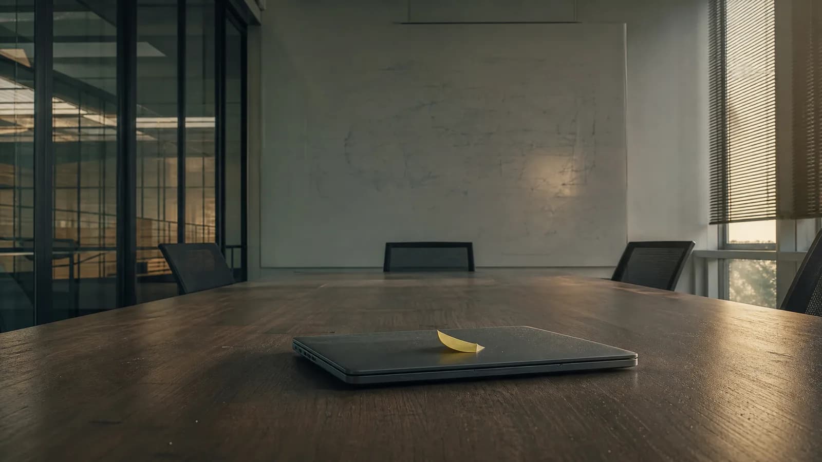 A dusty laptop and half-erased whiteboard in an empty meeting room — the abandoned AI pilot
