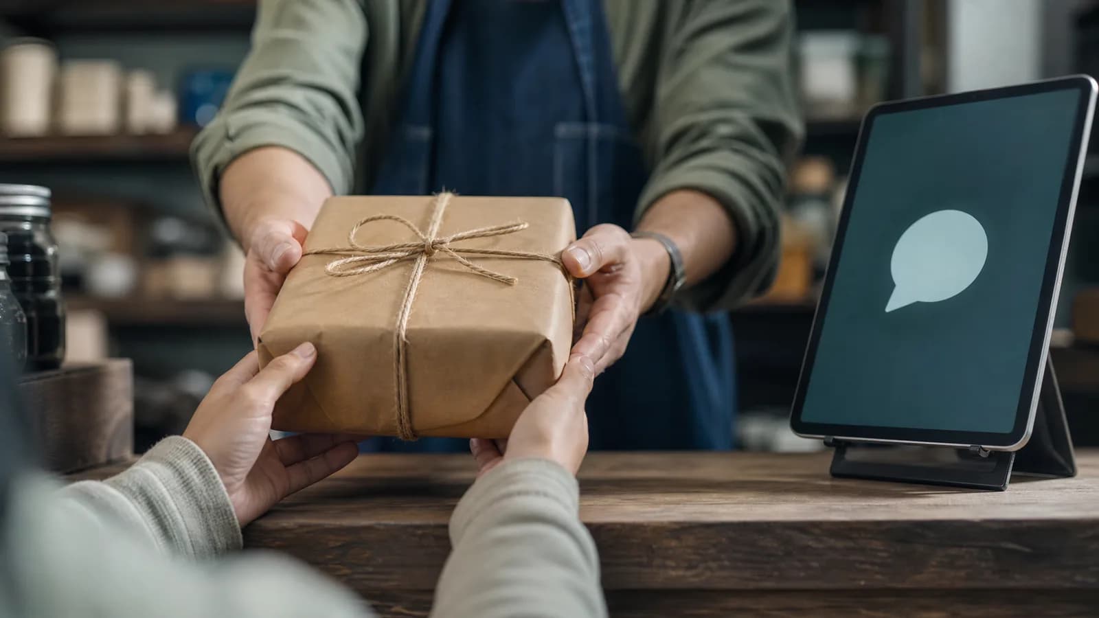 A shop owner hands a package to a customer while a chatbot tablet sits ignored on the counter