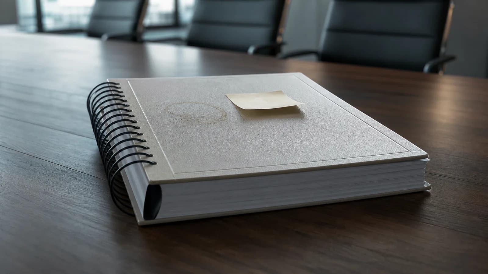 A thick, unopened strategy report with a coffee ring on a boardroom table